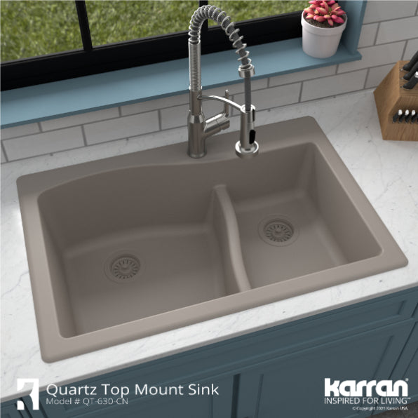 Karran 33" Drop In/Topmount Quartz Composite Kitchen Sink, 60/40 Double Bowl, Concrete, QT-630-CN