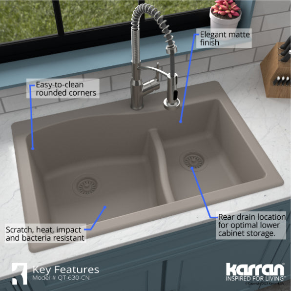 Karran 33" Drop In/Topmount Quartz Composite Kitchen Sink, 60/40 Double Bowl, Concrete, QT-630-CN