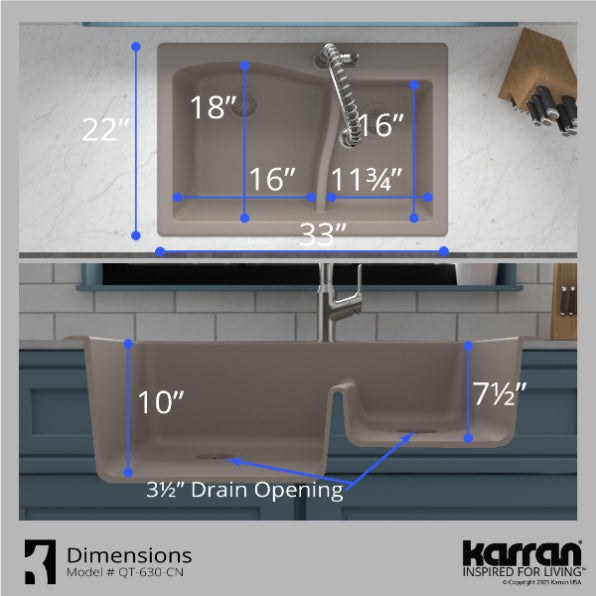 Karran 33" Drop In/Topmount Quartz Composite Kitchen Sink, 60/40 Double Bowl, Concrete, QT-630-CN