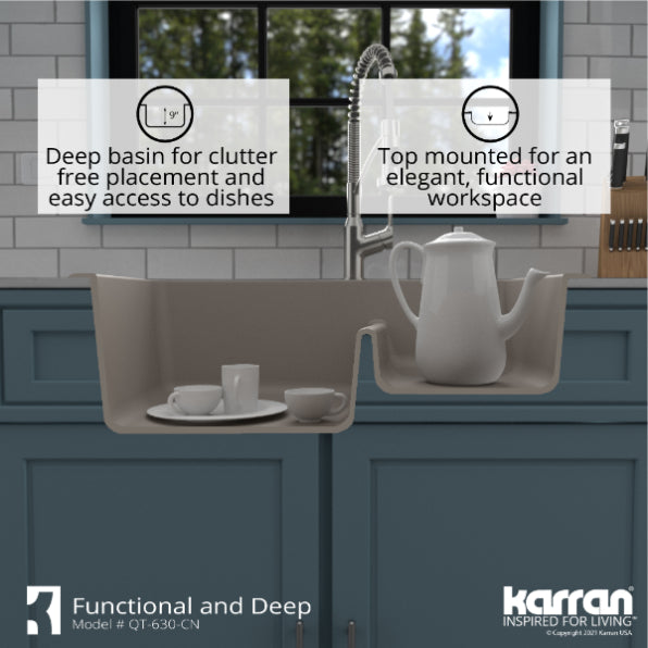 Karran 33" Drop In/Topmount Quartz Composite Kitchen Sink, 60/40 Double Bowl, Concrete, QT-630-CN