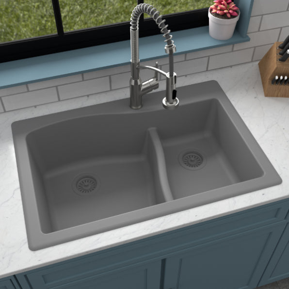 Karran 33" Drop In/Topmount Quartz Composite Kitchen Sink, 60/40 Double Bowl, Grey, QT-630-GR