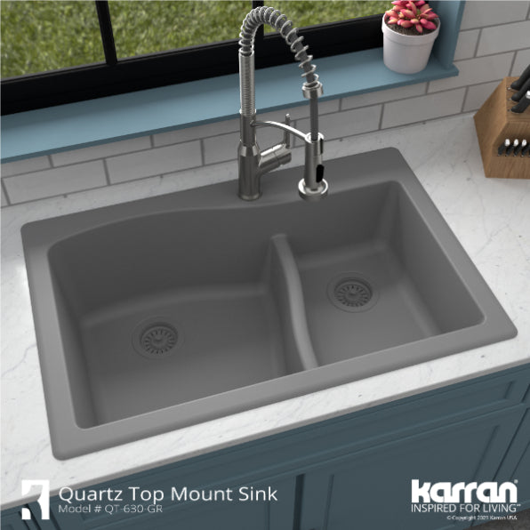 Karran 33" Drop In/Topmount Quartz Composite Kitchen Sink, 60/40 Double Bowl, Grey, QT-630-GR