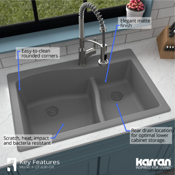 Karran 33" Drop In/Topmount Quartz Composite Kitchen Sink, 60/40 Double Bowl, Grey, QT-630-GR