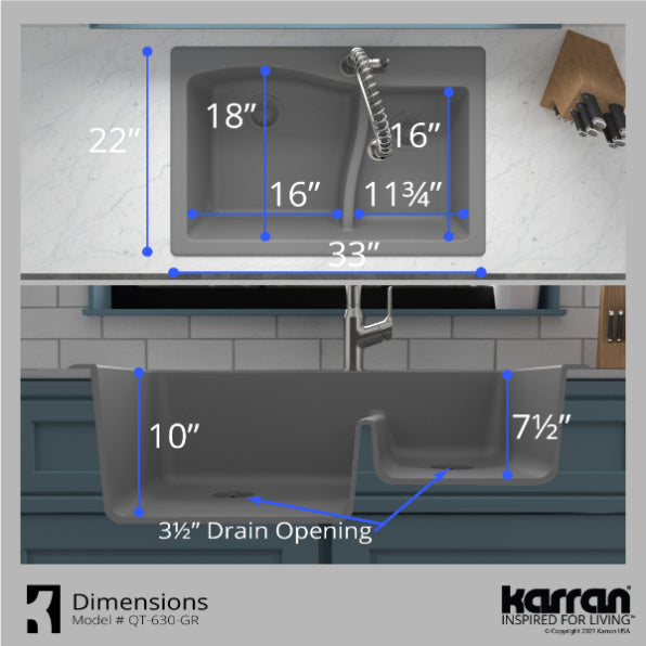 Karran 33" Drop In/Topmount Quartz Composite Kitchen Sink, 60/40 Double Bowl, Grey, QT-630-GR