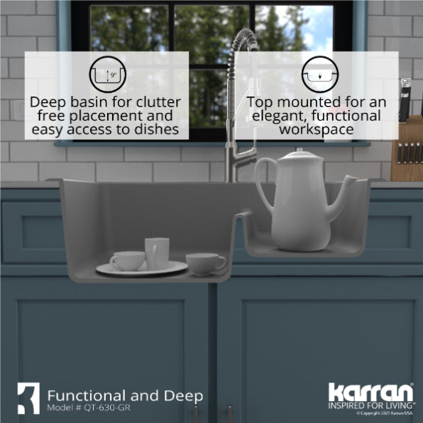 Karran 33" Drop In/Topmount Quartz Composite Kitchen Sink, 60/40 Double Bowl, Grey, QT-630-GR