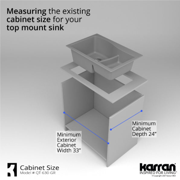 Karran 33" Drop In/Topmount Quartz Composite Kitchen Sink, 60/40 Double Bowl, Grey, QT-630-GR