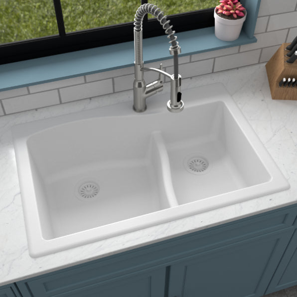 Karran 33" Drop In/Topmount Quartz Composite Kitchen Sink, 60/40 Double Bowl, White, QT-630-WH