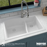 Karran 33" Drop In/Topmount Quartz Composite Kitchen Sink, 60/40 Double Bowl, White, QT-630-WH