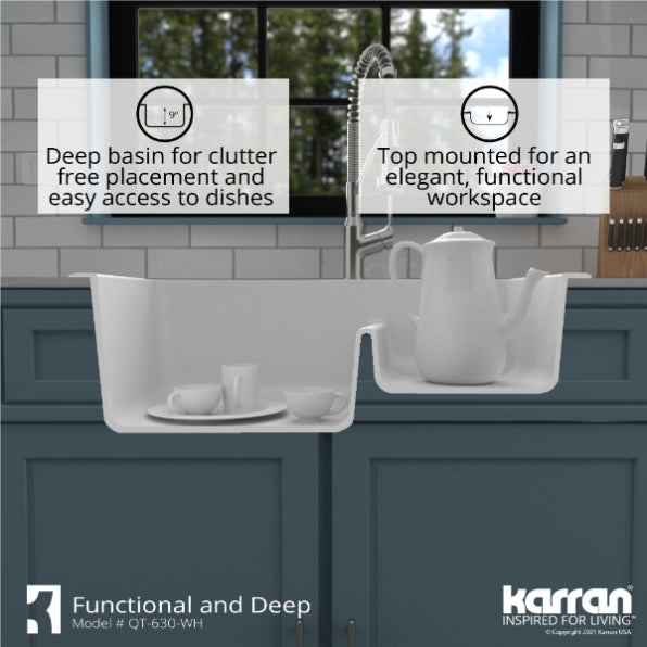 Karran 33" Drop In/Topmount Quartz Composite Kitchen Sink, 60/40 Double Bowl, White, QT-630-WH