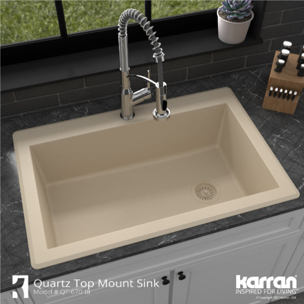 Karran 33" Drop In/Topmount Quartz Composite Kitchen Sink, Bisque, QT-670-BI