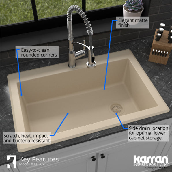 Karran 33" Drop In/Topmount Quartz Composite Kitchen Sink, Bisque, QT-670-BI