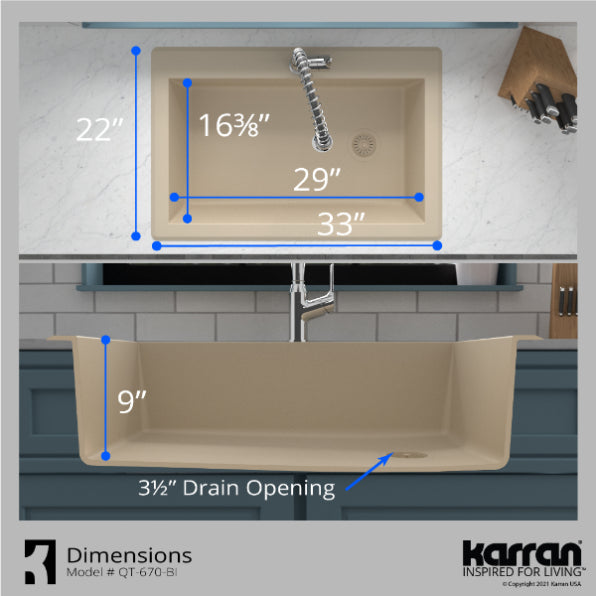 Karran 33" Drop In/Topmount Quartz Composite Kitchen Sink, Bisque, QT-670-BI