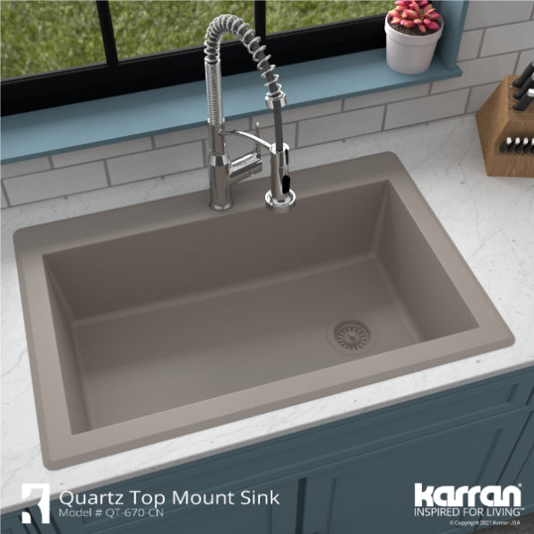 Karran 33" Drop In/Topmount Quartz Composite Kitchen Sink, Concrete, QT-670-CN