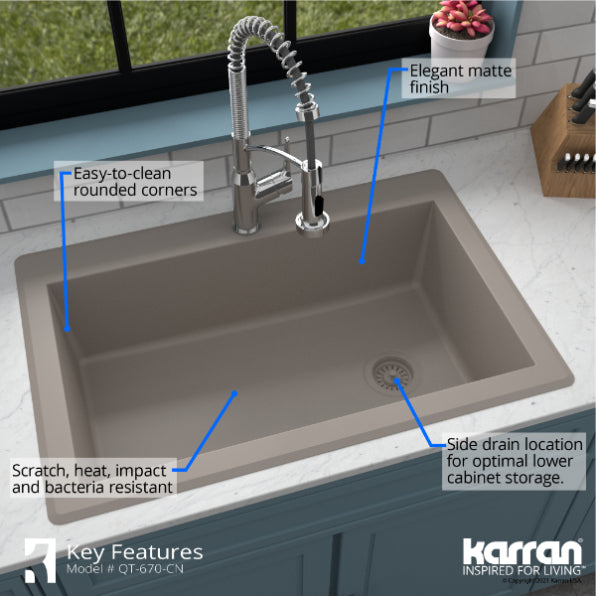 Karran 33" Drop In/Topmount Quartz Composite Kitchen Sink, Concrete, QT-670-CN