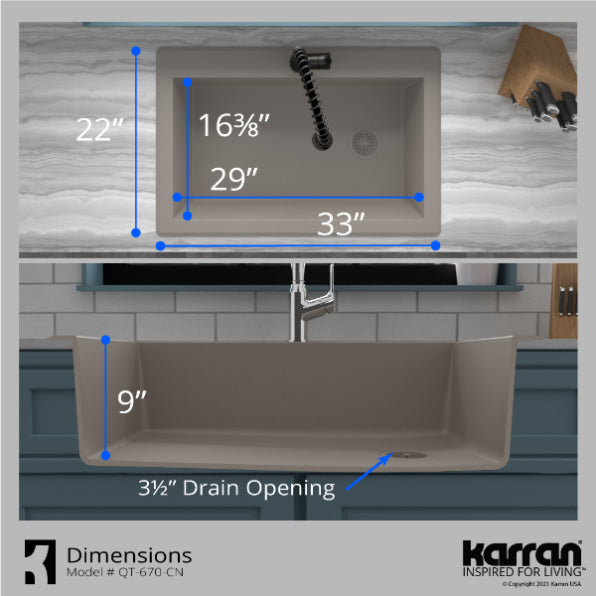 Karran 33" Drop In/Topmount Quartz Composite Kitchen Sink, Concrete, QT-670-CN