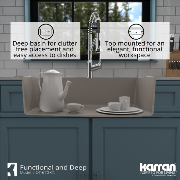Karran 33" Drop In/Topmount Quartz Composite Kitchen Sink, Concrete, QT-670-CN