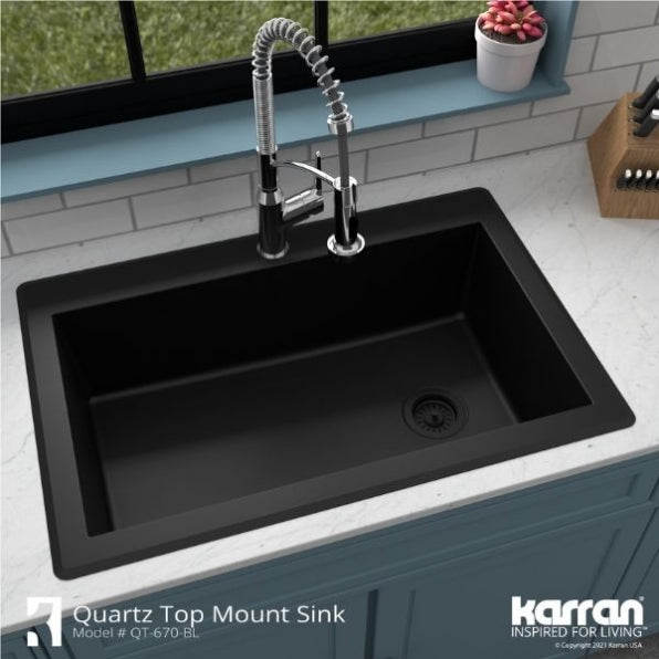 Karran 33" Drop In/Topmount Quartz Composite Kitchen Sink, Black, QT-670-BL-PK1