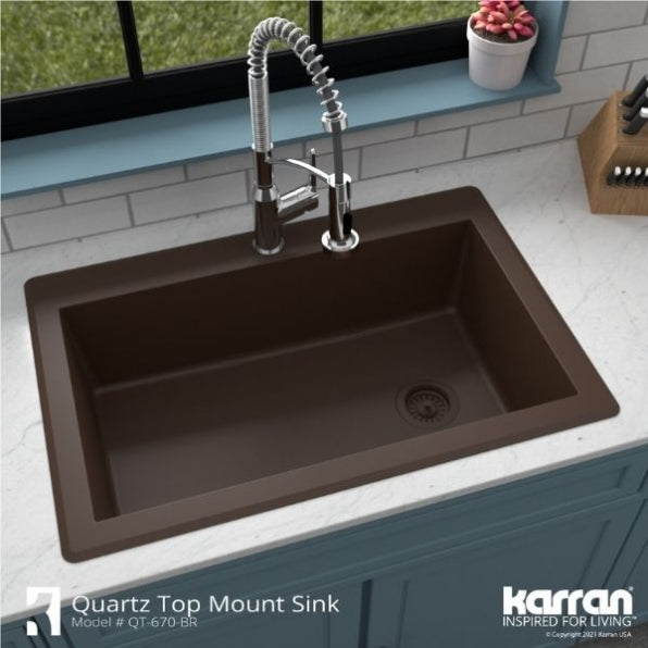 Karran 33" Drop In/Topmount Quartz Composite Kitchen Sink, Brown, QT-670-BR