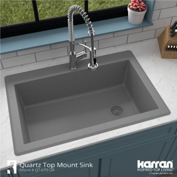 Karran 33" Drop In/Topmount Quartz Composite Kitchen Sink, Grey, QT-670-GR-PK1