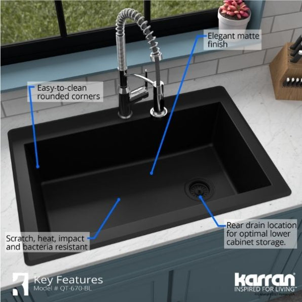 Karran 33" Drop In/Topmount Quartz Composite Kitchen Sink, Black, QT-670-BL-PK1
