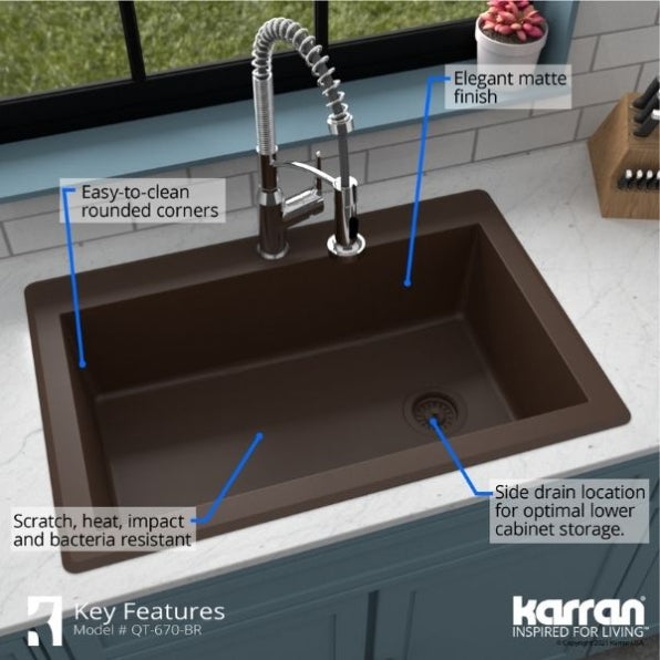 Karran 33" Drop In/Topmount Quartz Composite Kitchen Sink, Brown, QT-670-BR