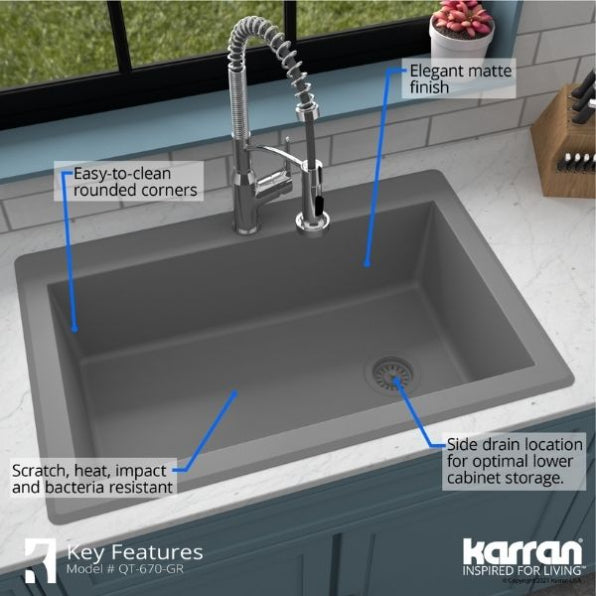 Karran 33" Drop In/Topmount Quartz Composite Kitchen Sink, Grey, QT-670-GR-PK1
