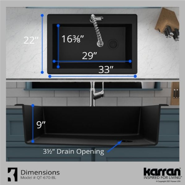 Karran 33" Drop In/Topmount Quartz Composite Kitchen Sink, Black, QT-670-BL-PK1