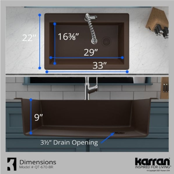 Karran 33" Drop In/Topmount Quartz Composite Kitchen Sink, Brown, QT-670-BR