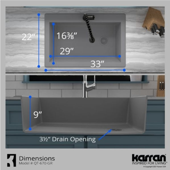 Karran 33" Drop In/Topmount Quartz Composite Kitchen Sink, Grey, QT-670-GR-PK1