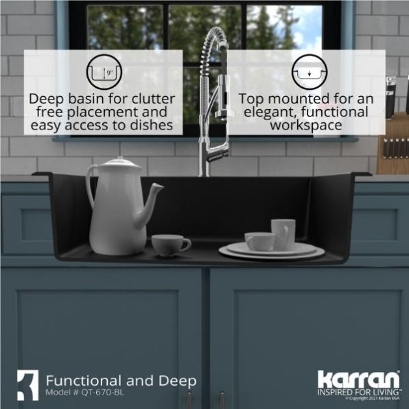 Karran 33" Drop In/Topmount Quartz Composite Kitchen Sink, Black, QT-670-BL-PK1