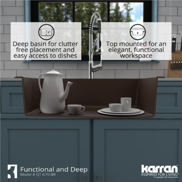 Karran 33" Drop In/Topmount Quartz Composite Kitchen Sink, Brown, QT-670-BR