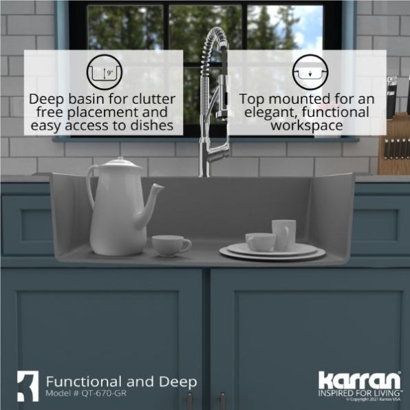 Karran 33" Drop In/Topmount Quartz Composite Kitchen Sink, Grey, QT-670-GR-PK1