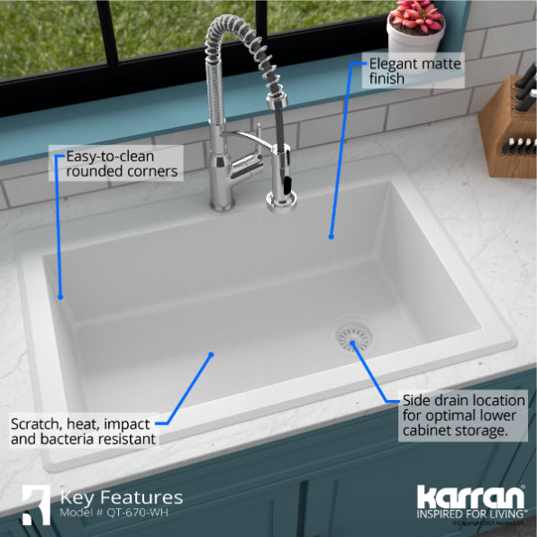 Karran 33" Drop In/Topmount Quartz Composite Kitchen Sink, White, QT-670-WH-PK1