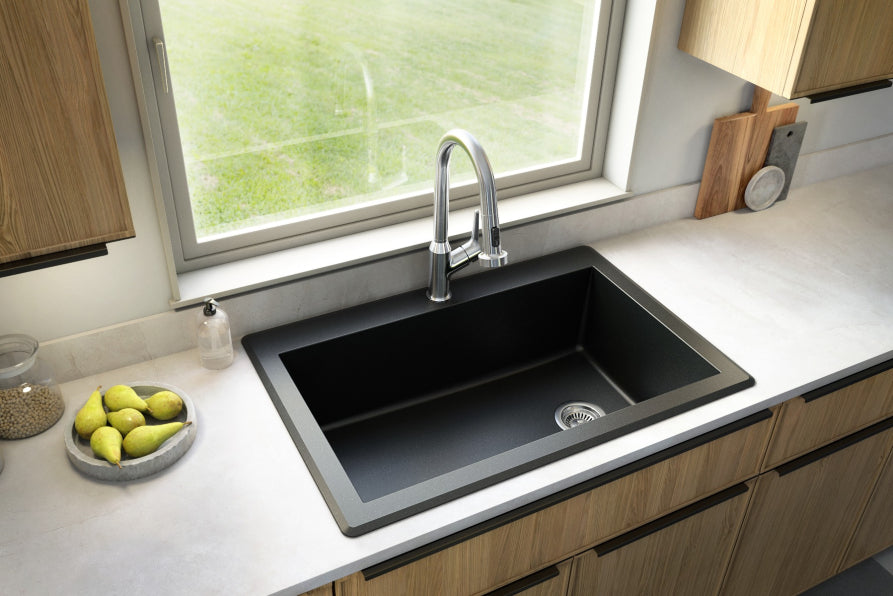Karran 33" Drop In/Topmount Quartz Composite Kitchen Sink, Black, QT-670-BL-PK1