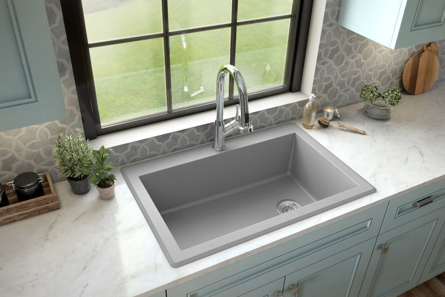 Karran 33" Drop In/Topmount Quartz Composite Kitchen Sink, Grey, QT-670-GR-PK1