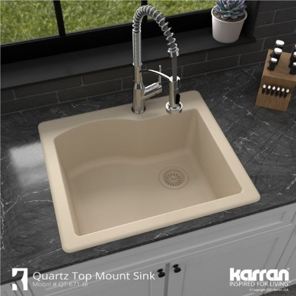 Karran 25" Drop In/Topmount Quartz Composite Kitchen Sink, Bisque, QT-671-BI