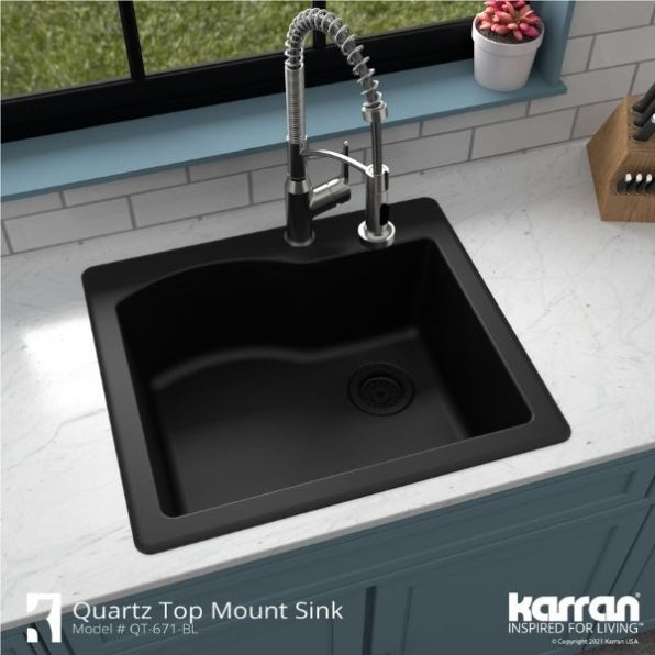 Karran 25" Drop In/Topmount Quartz Composite Kitchen Sink, Black, QT-671-BL