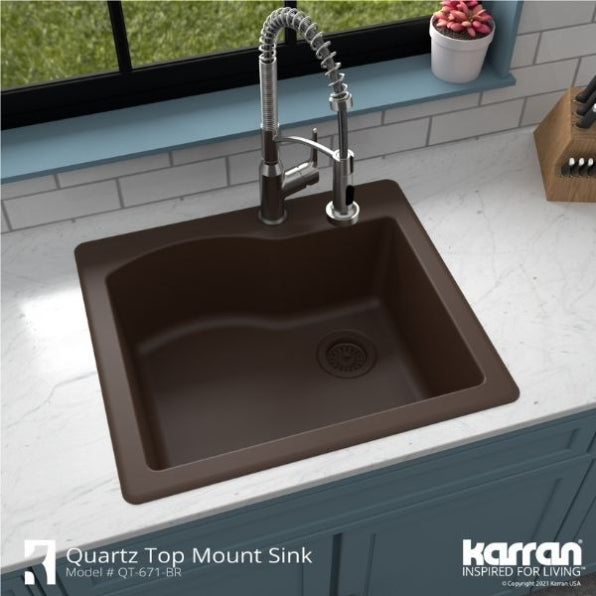 Karran 25" Drop In/Topmount Quartz Composite Kitchen Sink, Brown, QT-671-BR