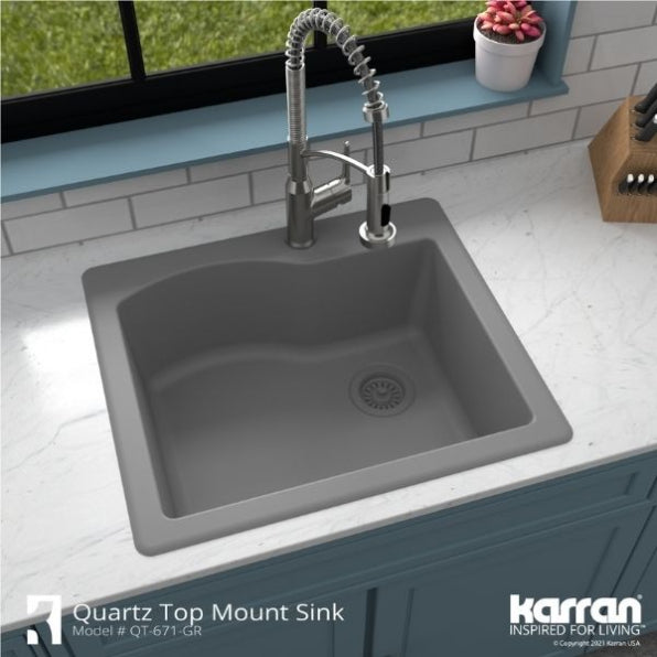 Karran 25" Drop In/Topmount Quartz Composite Kitchen Sink, Grey, QT-671-GR