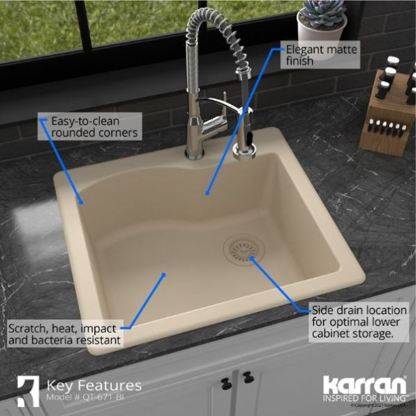 Karran 25" Drop In/Topmount Quartz Composite Kitchen Sink, Bisque, QT-671-BI
