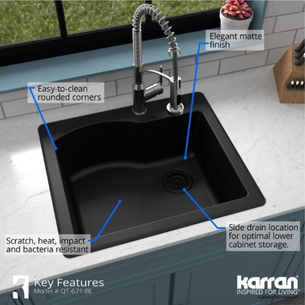 Karran 25" Drop In/Topmount Quartz Composite Kitchen Sink, Black, QT-671-BL