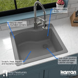 Karran 25" Drop In/Topmount Quartz Composite Kitchen Sink, Grey, QT-671-GR-PK1