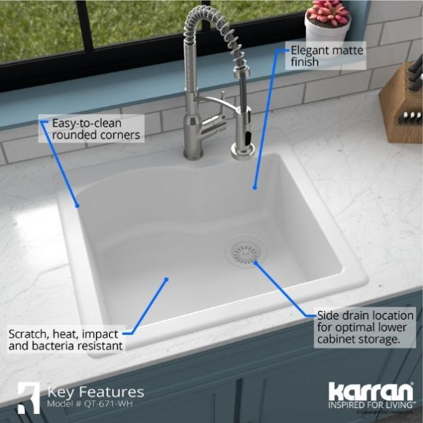 Karran 25" Drop In/Topmount Quartz Composite Kitchen Sink, White, QT-671-WH