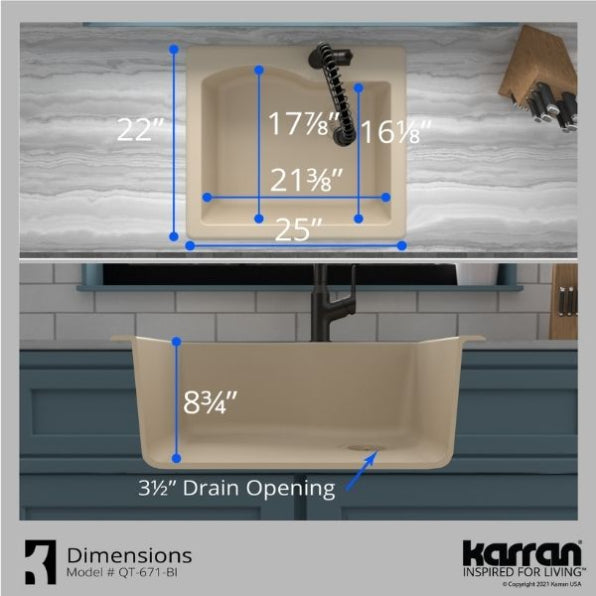 Karran 25" Drop In/Topmount Quartz Composite Kitchen Sink, Bisque, QT-671-BI