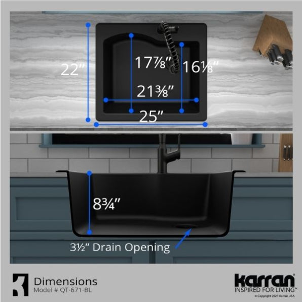 Karran 25" Drop In/Topmount Quartz Composite Kitchen Sink, Black, QT-671-BL