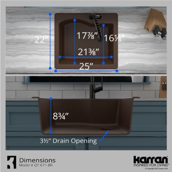 Karran 25" Drop In/Topmount Quartz Composite Kitchen Sink, Brown, QT-671-BR-PK1