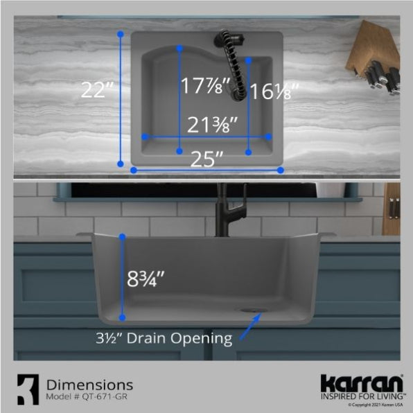 Karran 25" Drop In/Topmount Quartz Composite Kitchen Sink, Grey, QT-671-GR