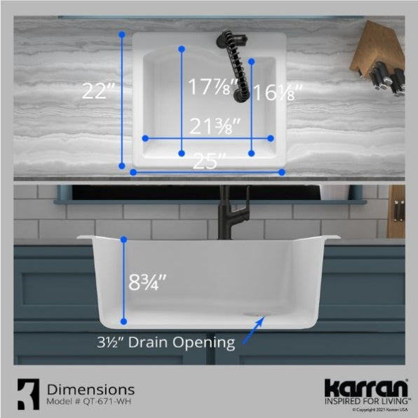 Karran 25" Drop In/Topmount Quartz Composite Kitchen Sink, White, QT-671-WH