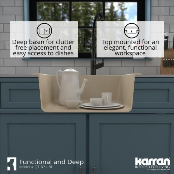 Karran 25" Drop In/Topmount Quartz Composite Kitchen Sink, Bisque, QT-671-BI