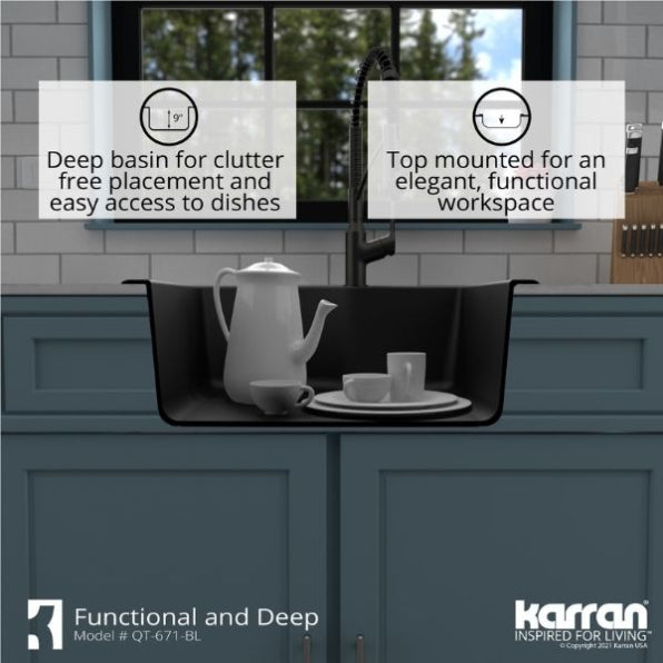 Karran 25" Drop In/Topmount Quartz Composite Kitchen Sink, Black, QT-671-BL